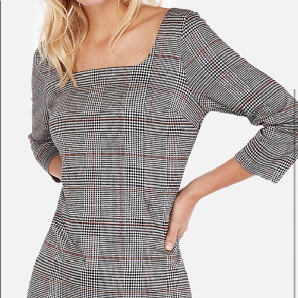 NWT EXPRESS Plaid Square Neck Sheath Dress - Picture 2 of 6